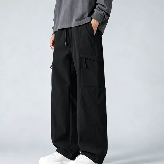 Mens's Baggy Cargo Pants Solid Color Casual Breathable Drawstring Outdoor Pants with Multi Pockets Stylish Relaxed Fit Straight Leg Workout Pants