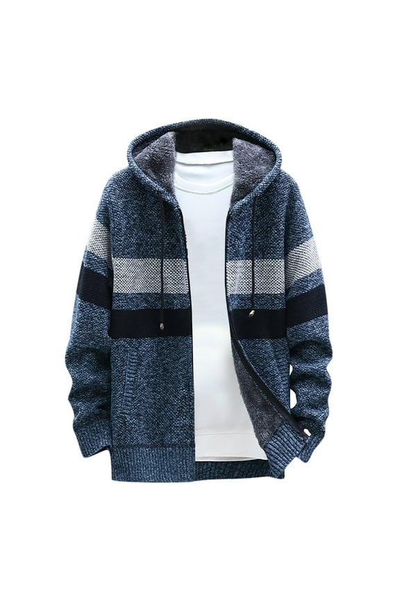 Mens s Sales Men Casual Patchwork Long Sleeve Knitting Hooded Cardigan Zipper s Navy Blue,S