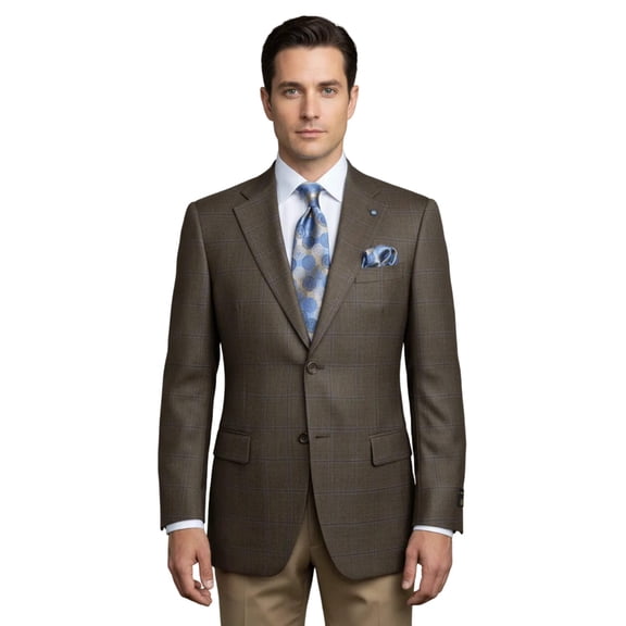 Mens sport Coat APOLLO KING Window Pane 100% Wool super 150's C14 Brown Coffee
