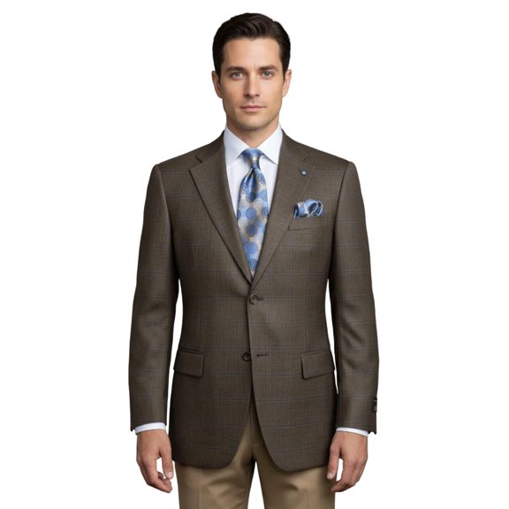 Mens sport Coat APOLLO KING Window Pane 100% Wool super 150's C14 Brown Coffee