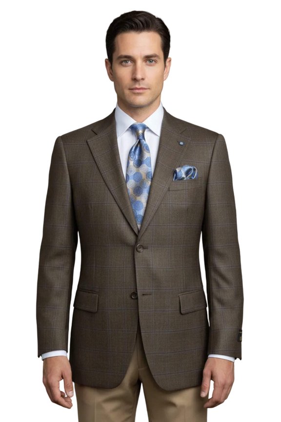 Mens sport Coat APOLLO KING Window Pane 100% Wool super 150's C14 Brown Coffee
