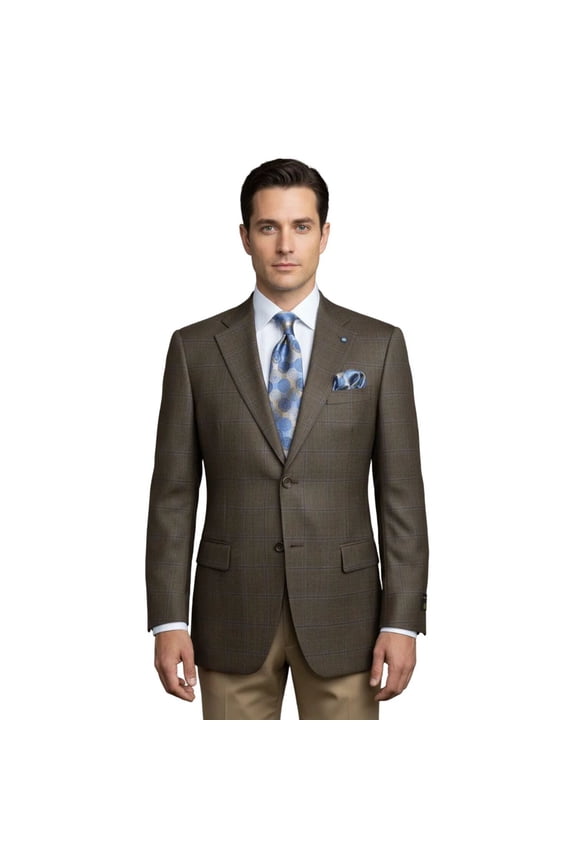 Mens sport Coat APOLLO KING Window Pane 100% Wool super 150's C14 Brown Coffee