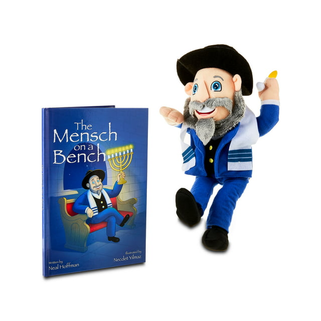 Mensch on a Bench 12" Hanukkah Moshe Plush Toy with Hardcover Book and Removable Bench