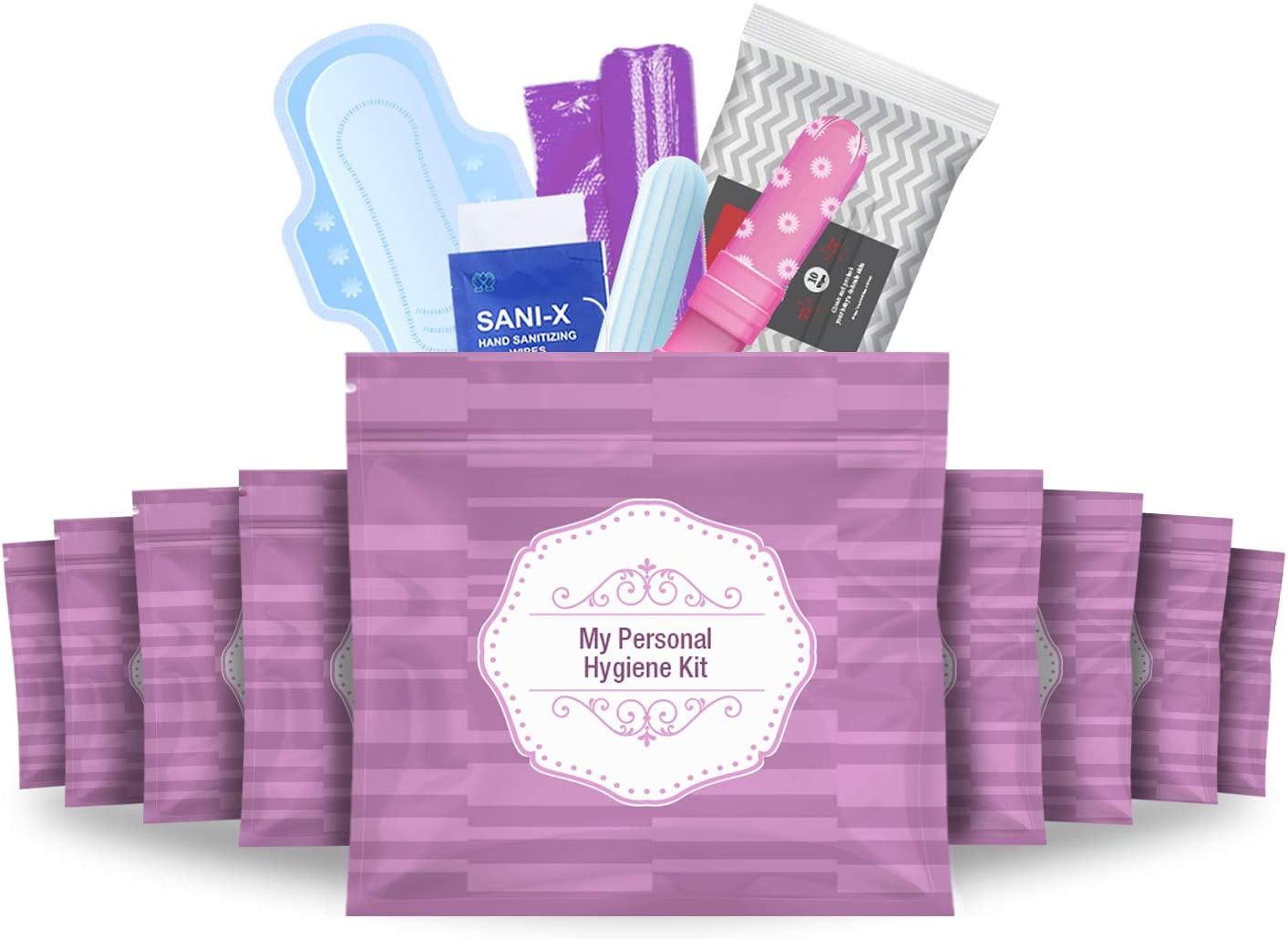 Menstrual Kit All-in-One 10 Pack | Convenience on The Go | Period Kit Pack for Travelling, Tweens & Teenagers or just When You’re Out | Individually Wrapped Feminine Hygiene Product (Purple)