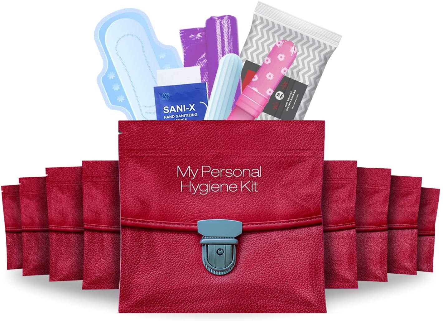 Menstrual Kit All-in-One 10 Pack | Convenience on The Go | Period Kit Pack for Travelling, Tweens & Teenagers or just When You’re Out | Individually Wrapped Feminine Hygiene Product (Red Purse)
