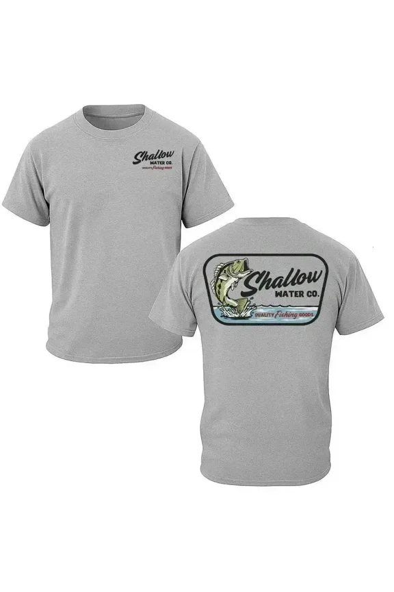 Menswear Short-Sleeve Classic Soft Round Neck Fishing T-Shirt - Shallow Water Co Design, Large Bass Graphic, Back Quality Fishing Goods Logo, Chest Small Logo, Outdoor Style, Gift for Fishermen -