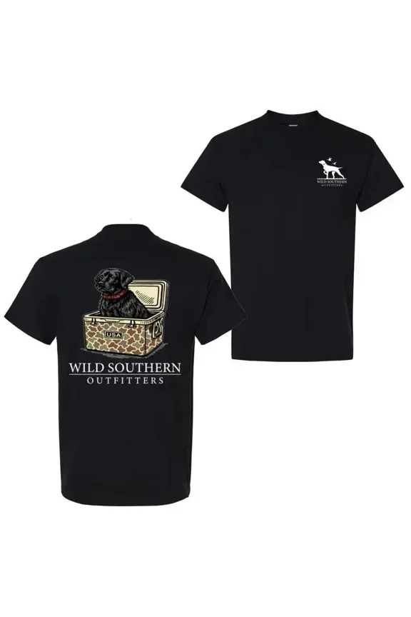 Menswear Short-Sleeve Round Neck Soft Stylish T-Shirt - Wild Southern Outfitters Cute Black Lab Camo Cooler Graphic, Hunting Dog Lover Top, Casual Everyday Classic White Tee -