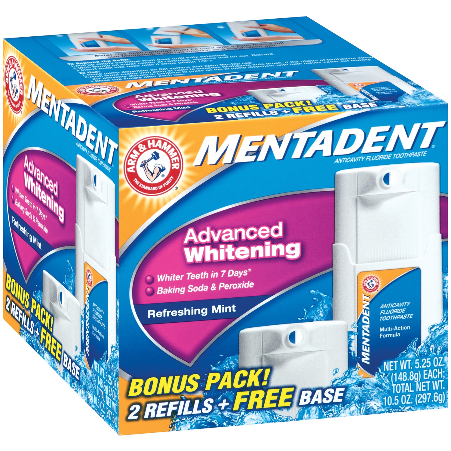 Mentadent® Advanced Whitening Refreshing Mint 5.25 oz. Refills + Bonus Base Toothpaste 2 ct Box - image 1 of 3