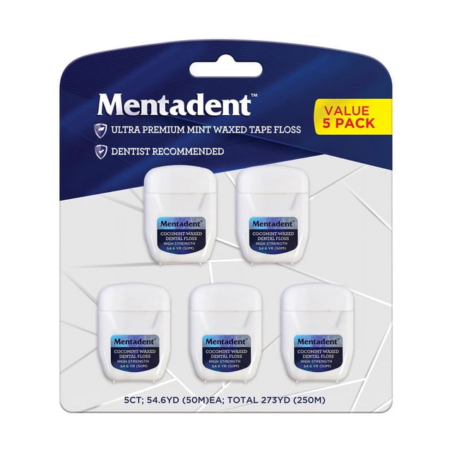 Mentadent Waxed Tape Dental Floss, Mint Flavor, 54 Yards, 5 Pack ShredResistant, Compact, for