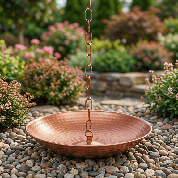 Topadorn Hammered Copper Finish Rain Chain Basin, 10.4 Inch Decorative Catch Bowl with Hanging Chain, Outdoor Gutter Water Diverter for Garden & Patio