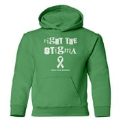 Mental Health Awareness Fight The Stigma Green Ribbon Youth Hooded Sweatshirt (Green, Youth Large)
