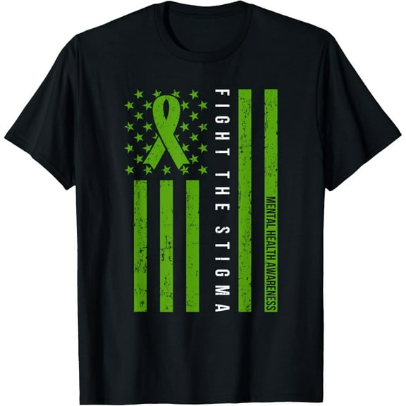 Mental Health Awareness Shirt Green Ribbon Support USA Flag T-Shirt