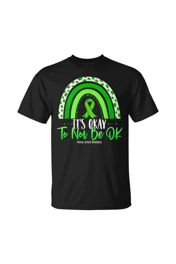Mental Health Awareness T-Shirt It's Okay To Not Be OK Green Ribbon Rainbow Graphic Tee Inspirational Motivational Unisex Adult Apparel Retro Style Black Shirt