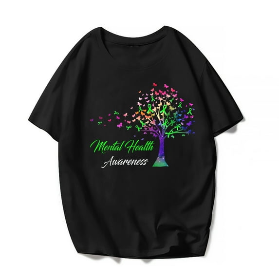 Mental Health Awareness T-Shirt Women Tree Of Life Graphics Casual Short Sleeve Shirts Summer Tops Gift Tee Black 3X-Large