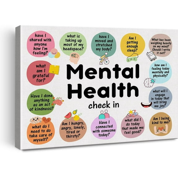Mental Health Inspirational Poster Canvas Wall Art for Therapy Office School Decor Positive Mental Health Check in Canvas Print Wall Art Painting Ready to Hang - Easel & Hanging Hook 12x15 Inch