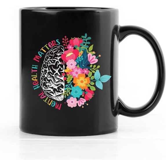 Mental Health Matters Flower Brain Ceramic Mug 11 Ounce, Mental Health Coffee Tea Milk Mug Cup for Home School Counselling Office Therapy Office Decor, Gifts for Therapist Teens Adults Kids