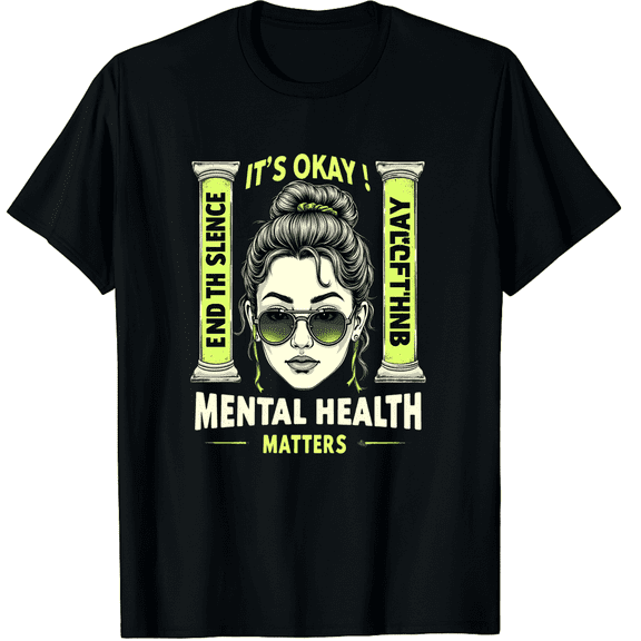 Mental Health Matters Messy Bun Mental Health Awareness Graphic Black T-Shirt for Men and Women
