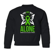 Mental Health Not Alone Green Ribbon Butterfly Youth Crewneck Sweatshirt (Black, Youth X-Large)