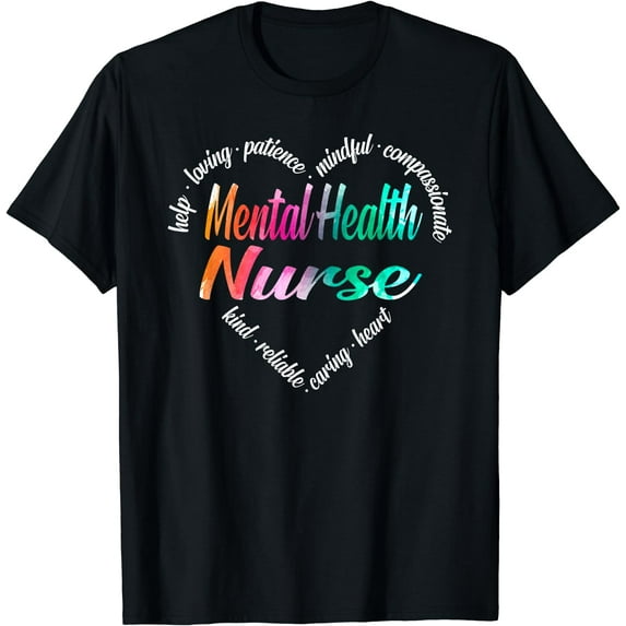 Mental Health Nurse Heart Word Cloud Watercolor Rainbow T-Shirt