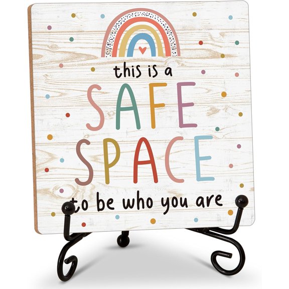 Mental Health Positive Quotes Desk Decor Gifts for Women Men, This Is A Safe Space To Be Who You Here Tabletop Sign, Wood Plaque With Iron Stand for Therapy Office Counseling Office -02