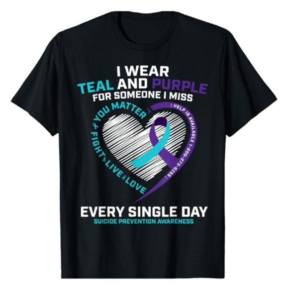 Mental Health Themed Patterned Tee,Tops Boasts "I WEAR TEAL ... SINGLE DAY" Text and Heart & Ribbon Illustrations, Round Neck Regular Fit T - shirts, Size(S - 5XL)