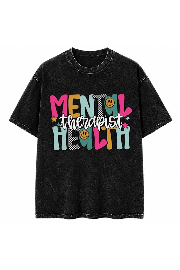 Mental Health Therapist Washed T-Shirt, Retro Colorful Awareness Graphic Tee, Unisex Soft Cotton