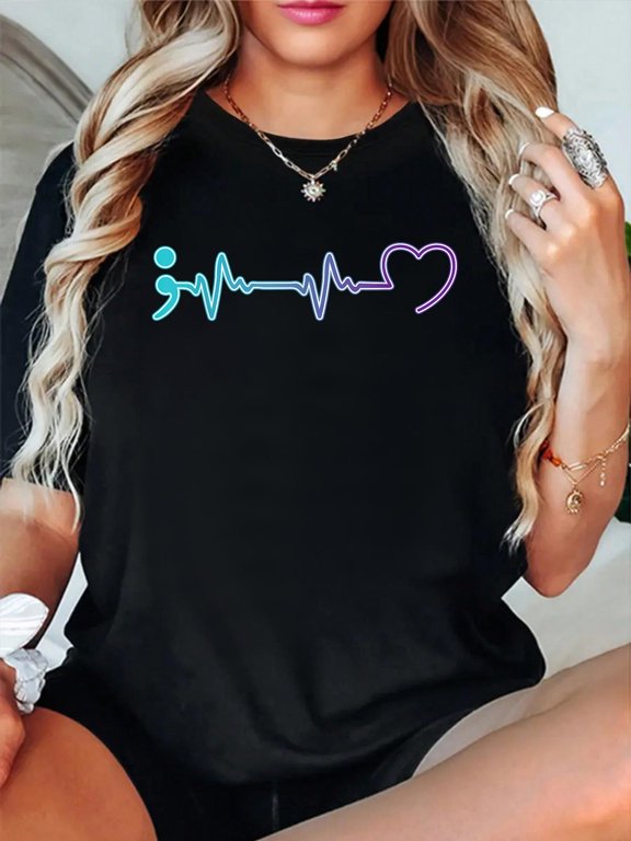 Mental health disease heartbeat suicide prevention Relaxed Fit Classic Comfort Cotton T-Shirt Women's Men's Graphic Tee Crew Neck summer vacation Tops