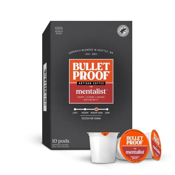Bulletproof The Mentalist Medium-Dark Roast Single-Serve Pods, 10 Count, 100% Arabica Coffee Sourced from Central and South America