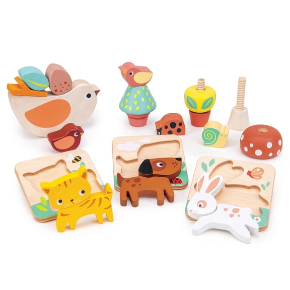 Mentari 24 Months Garden Playtime Set - Wooden Tray Puzzles, Screw Toys, Rocking Stacking Bird