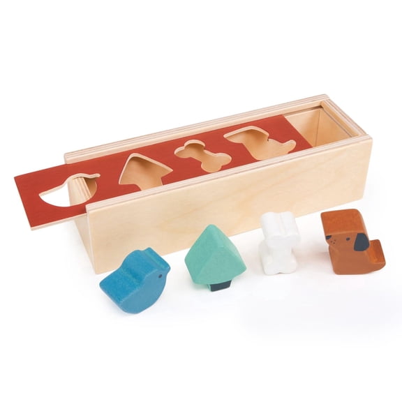 Mentari Pet Shape Sorting Box Animal Wood 6 Pieces Shapes Colors Sliding Lid Ages 2+