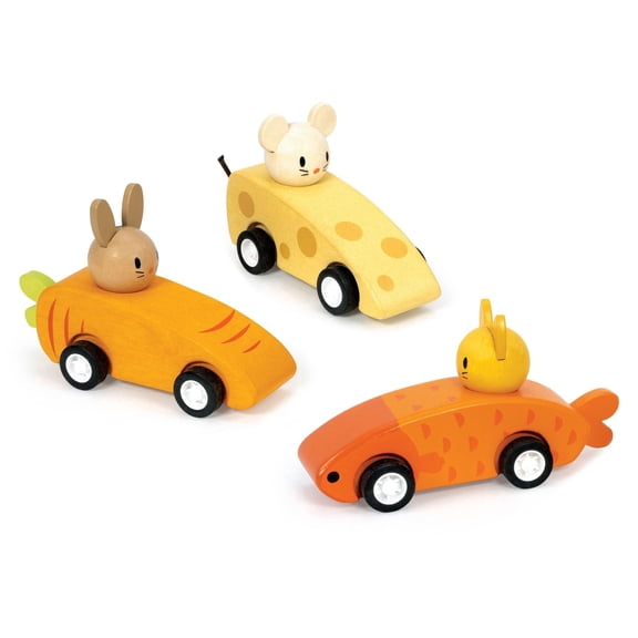 Mentari Toys - Animal Friends Racing Cars - 3pc Wooden Pull-Back Vehicles - Rabbit, Mouse and Cat Cars - First Racing Toy for Toddlers - Encourages Motor Skills and Coordination - Age 3+