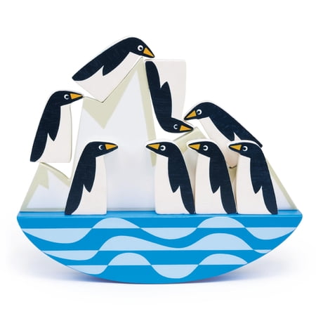 Mentari Balancing Penguins - 8pc wooden penguins on rocking iceberg -for Age 2+