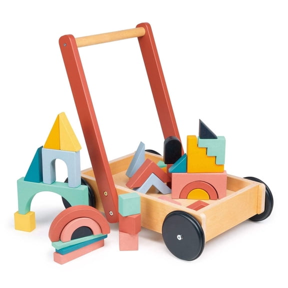Mentari Bambino Block Trolley, 34pc Wooden Colorful Building Blocks with Push and Pull Cart for kids Aged 18M+