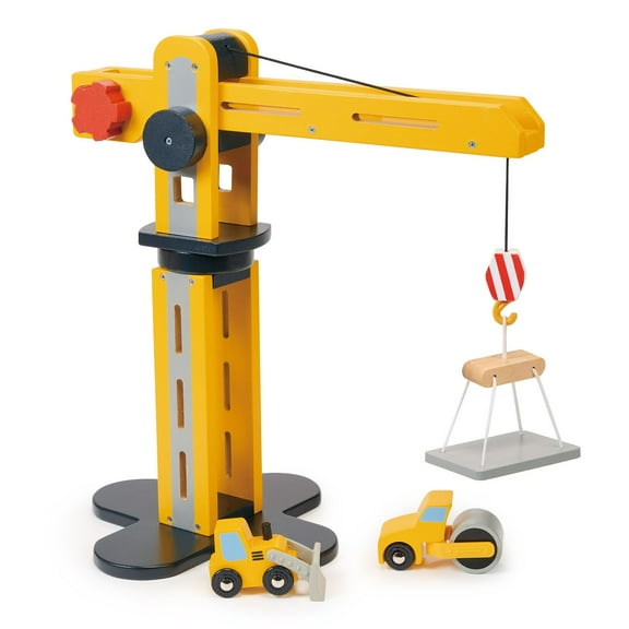 Mentari Toys - Big Yellow Crane - Wooden Large Crane with Lifting Arm with Front Loader and Road Roller - Imagination and Storytelling - Age 3+
