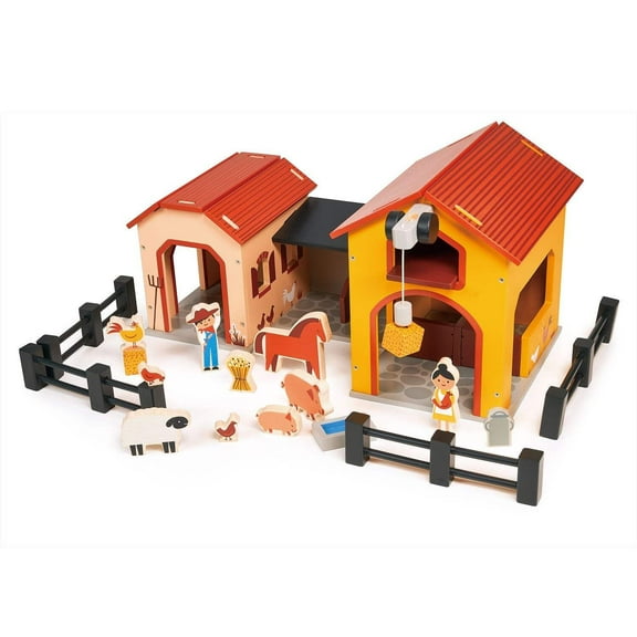Mentari Toys - Billy's Barnyard - Wooden Animal Farm Playset - Pretend Play and Storytelling Toys for Kids and Toddlers - Age 3+