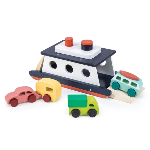 Mentari Car Ferry - Wooden Toy Boat with Dual Loading/Unloading Ends, Includes Car, Caravan, Campervan and Truck for Age 3+