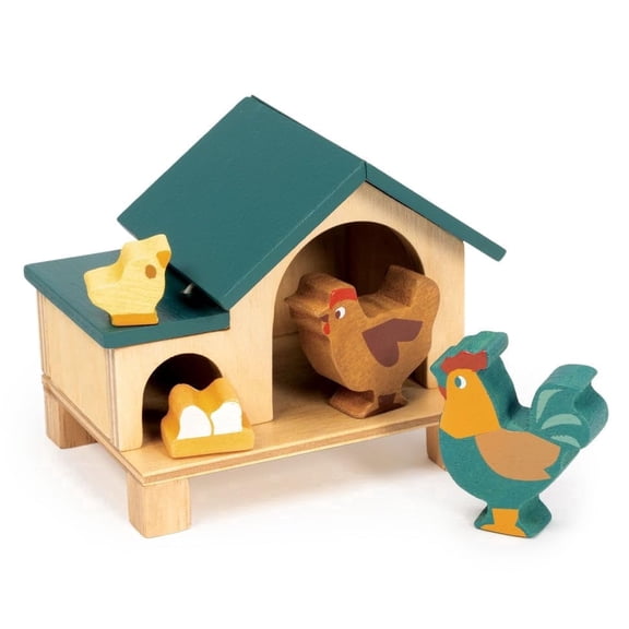 Mentari Toys - Cluck-Cluck Chicken House - 5pc Wooden Pretend Play Chicken Coop with Cockerel, Hen, Chick and Eggs - Encourages Imaginative Play, Nurturing Skills and Fine Motor Development - Age 3+