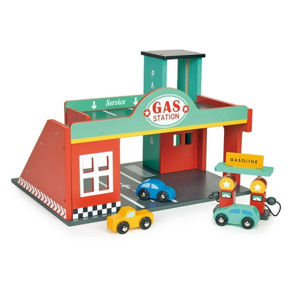 Mentari Toys - Gas Station - Wooden Gasoline Station with Lifting Parking Garage Comes with 3 Colorful Cars - Imagination and Storytelling - Age 3+