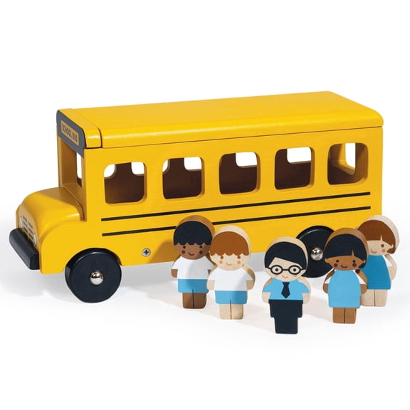 Mentari Little Friends School Bus, 7-Piece Wooden Playset Montessori for Toddlers Age 18m+
