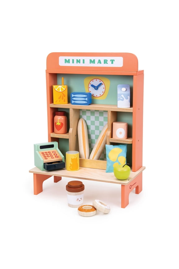 Toys - Mini Mart - 18pc Wooden Grocery Set and Stand - Pretend Play Food and Shopping Set for Kids - Encourages Social Skills, Imaginative Play, and Early Math - Age 3+
