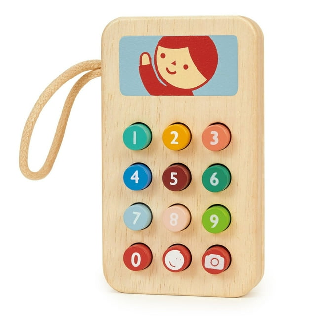 Mentari Toys - Mobile Phone - Wooden 12 Squishy Buttons and Secure Travel Strap - Number Recognition and Fine Motor Skills Development - Age 2+