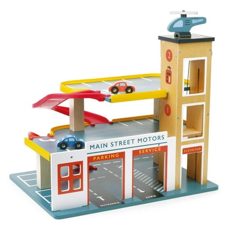 Mentari Toys - Multi-Level Garge with Lift - Wooden Parking Lot with 3 Levels 2 Ramps Comes with 2 Cars and a Helicopter - Imagination and Storytelling - Age 3+
