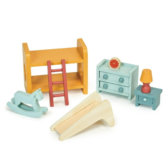 Mentari Toys - Playroom - Wooden Dollhouse Furniture Set for Dollhouse Playroom - Furniture Incl Bunk Bed, Play Slide, Rocking Horse and Other Accessories - Age 3+
