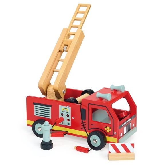 Mentari Toys - Red Fire Engine - Wooden Fire Truck Toy with Accessories for Age 3+