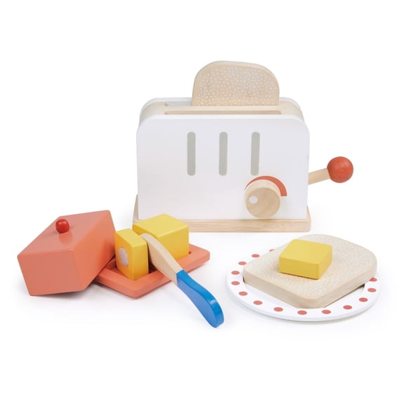 Mentari Rise and Shine Toaster Set - 10 Pcs Classic Wood Pop up Toaster Toy for Pretend Cooking - Age 3+