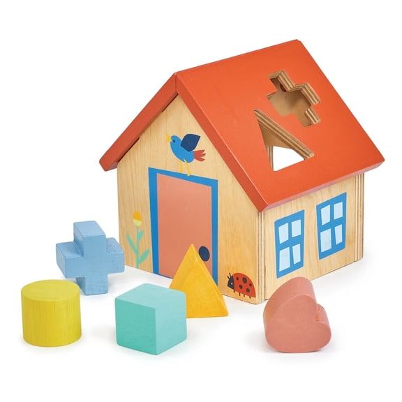 Mentari Shape Sorter House - 5 Multicolor Wood Shapes, Removeable Lid for Age 12 Months and up