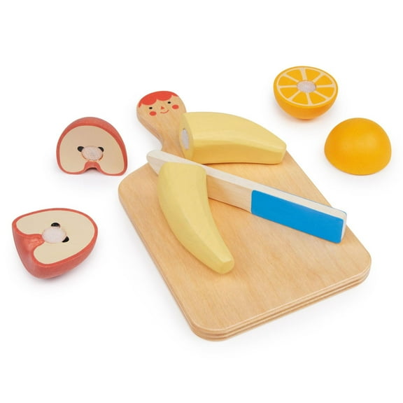 Mentari Toys - Smiley Fruit Chopping Board - 8pc Wood Chopping Board with Play Knife and Choppable Fruits - Age 2+