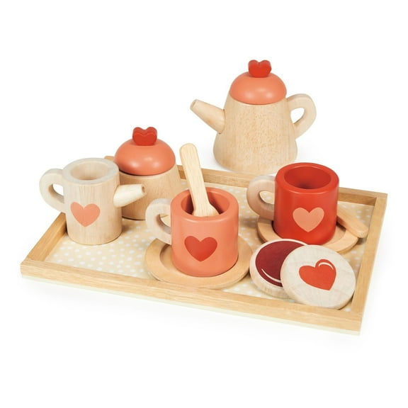 Mentari Toys - Tea Time Tray Set - Wooden Teapot, Cups and Trays for Pretend Afternoon Tea Party - Age 3+