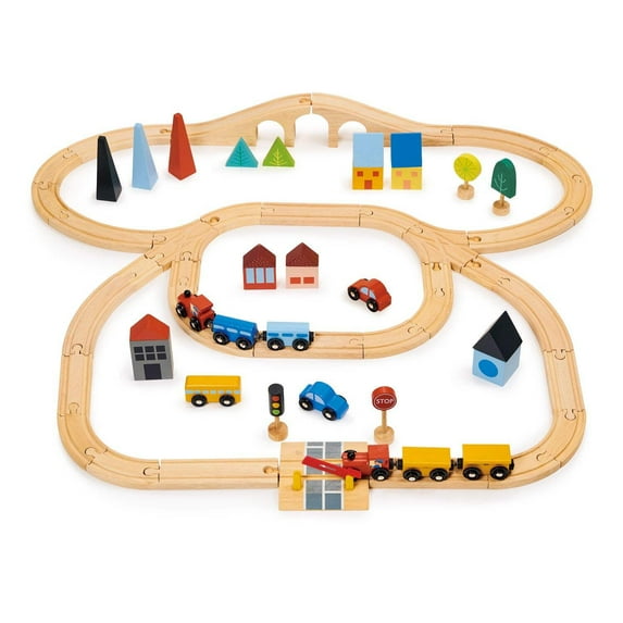 Mentari Toys - Town Train Set - Beautiful Wooden Toy Train Set Around City Landscape - Intelligent and Imaginative Play Skills for Age 3+