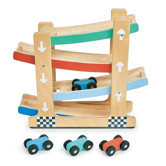 Mentari Toys - Wooden Ramp Racer Toy - 4 Level Toy Car Ramp Race Track Includes 4 Wooden Toy Cars - A Great Gift for Boys and Girls - Age 18m+
